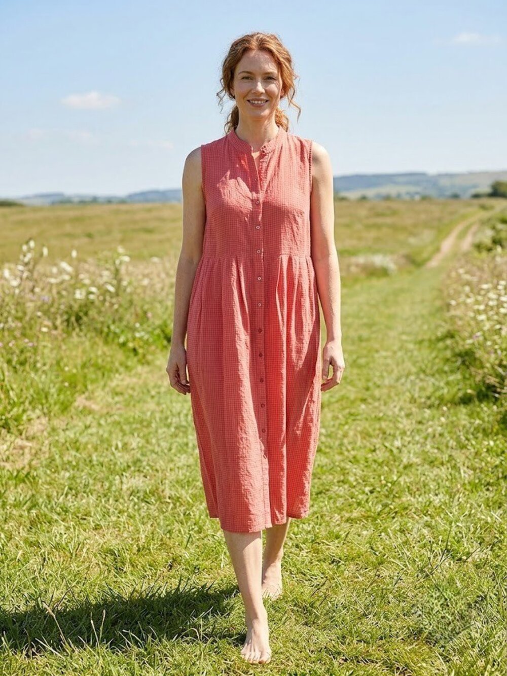 NWoT Eileen Fisher Puckered Organic Linen Midi in Watermelon Gingham Dress L